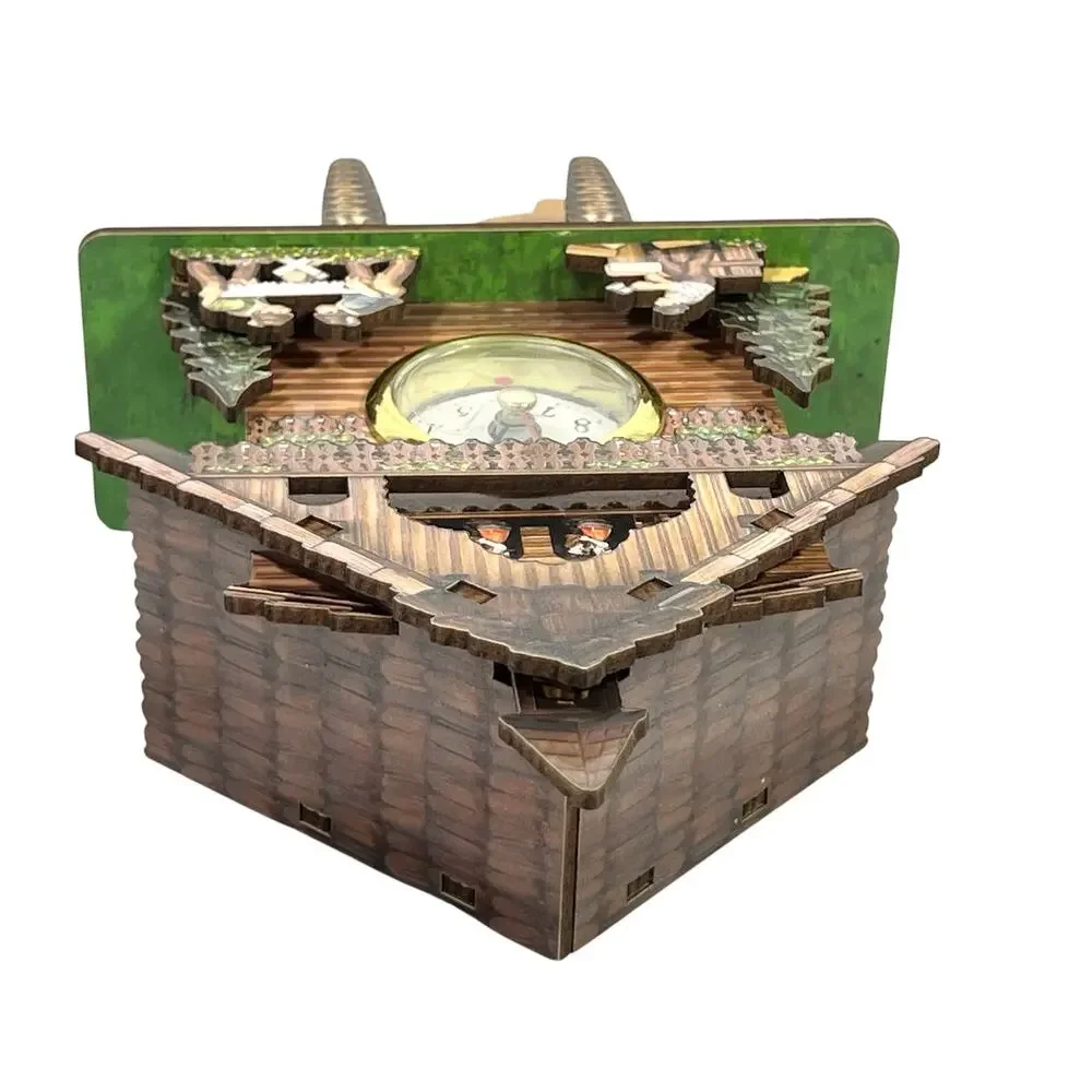 Miniature Wooden Quartz Cuckoo Clock Germany Woodcutters Log Sawing Chalet
